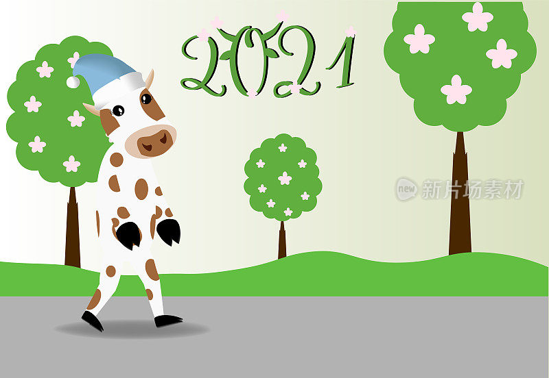 The bull walks in the green park. Trees in the background. The trees are blooming. Spring concept. Floral lettering 2021.